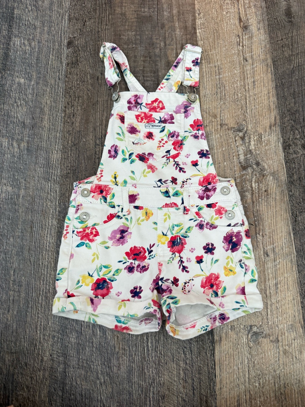 Jordache Floral Print White Girls' Overalls - Pink, Purple & Yellow Flowers 5T